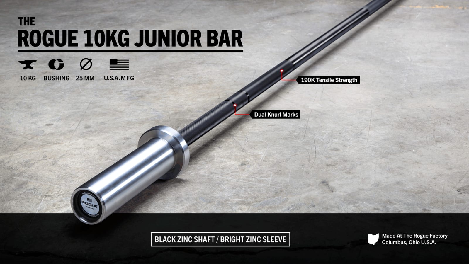 Junior 10KG Bar Black Zinc Rogue Fitness